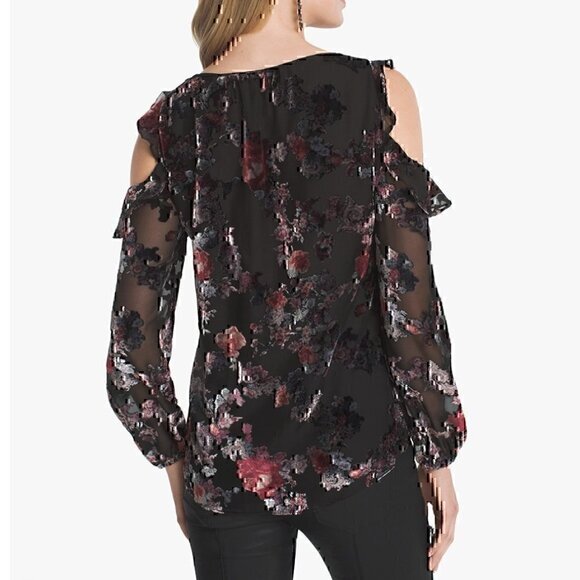 WHBM WHITE HOUSE BLACK MARKET Floral Velvet Burnout Cold Shoulder Blouse PETITE - Picture 3 of 12